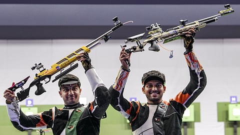 India's Rudrankksh Patil, right, wins bronze medal and Himanshu Dhillon wins Silver medal in the 10 meter rifle men individual event in the ongoing 20th Asian Games 2026, in Nagoya, Japan.
