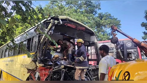 Government bus collides with sand-laden lorry near Palaveli in Chengalpattu on the Tiruchy-Chennai National Highway on September 21.