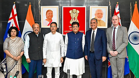 Commerce and Industry Minister Piyush Goyal, his deputy Jitin Prasada and other officials during the announcement of India-New Zealand Free Trade Agreement coming into force on Oct. 20, 2026, in New Delhi