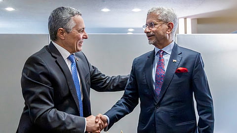 External Affairs Minister S Jaishankar, right, meets Switzerland's Finance Minister Ignazio Cassis on the sidelines of the 81st session of the United Nations General Assembly