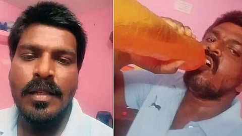 TVK functionary Muthukumaran consuming poison.