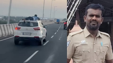 Head Constable Velmurugan trying to stop the speeding car