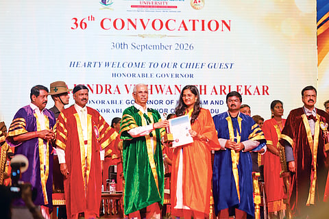 Governor Arlekar confers degrees during the 36th convocation of Dr MGR Medical University, on Wednesday