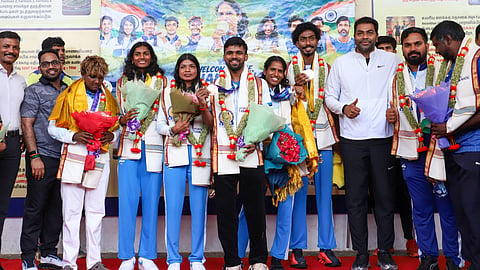 Tamil Nadu athletes who won medals at the Asian Games 2026 were felicitated by Sports Development Minister Aadhav Arjuna at the Nehru Indoor Stadium in Chennai
