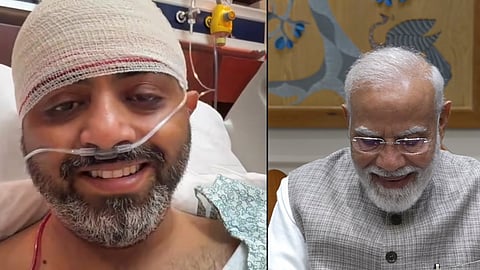 Prime Minister Narendra Modi interacts with Captain Smit Machchaar, who foiled an attempt by his co-pilot to allegedly crash an Israel-bound flydubai flight, during a video call, in New Delhi