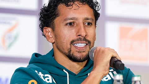 Brazil's national football team captain Marquinhos addresses a press conference ahead of the India and Brazil International Friendly match, in Kolkata, West Bengal, Friday, Oct. 2, 2026