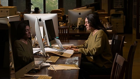 Cereese Qusba, a reporter at The Cornell Daily Sun, the oldest continuously independent college daily paper in the country, in Ithaca, N.Y., on Tuesday, Sept. 29, 2026. Qusba’s reporting, which traced Jane Doe’s allegations in detail, was 23 months in the making. Since then, she says inbox has been flooded with emails from students who say they have also been assaulted.
