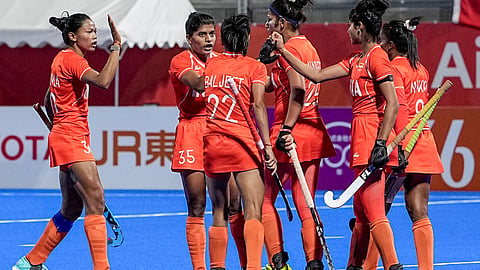 India's player compete during the women's final gold medal Hockey match against China in the ongoing Asian Games 2026, in Gifu, Japan, Friday, Oct. 2, 2026