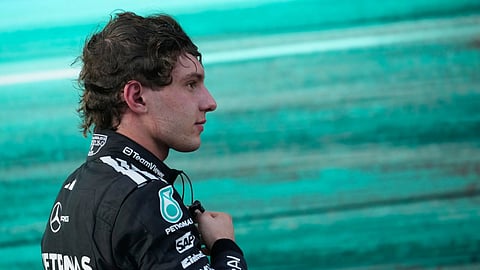 Mercedes driver Andrea Kimi Antonelli of Italy arrives in the pit-lane after the Formula One Azerbaijan Grand Prix auto race in Baku, Azerbaijan.