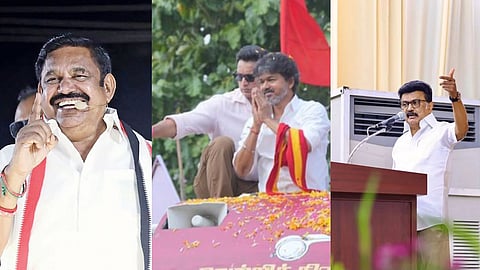 (L-R) AIADMK general secretary Edappadi K Palaniswami, Tamil Nadu CM Vijay, DMK president MK Stalin.