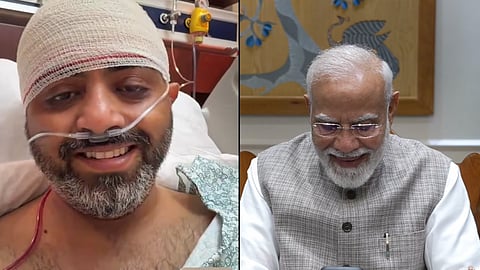 Prime Minister Narendra Modi interacts with Captain Smit Machchaar, who foiled an attempt by his co-pilot to allegedly crash an Israel-bound flydubai flight, during a video call, in New Delhi