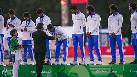 International Cricket Council (ICC) Chairman Jay Shah with India's team members during the medal ceremony after winning the final T20I cricket match against Pakistan, at the 20th Asian Games, in Nisshin, Japan, Saturday, Oct. 3, 2026