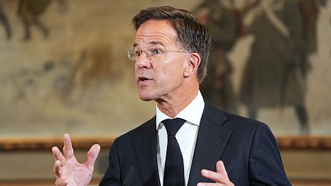 General of NATO Mark Rutte delivers a statemen during a visit of the German-Netherlands Corps alongside the German Chancellor Friedrich Merz and Prime Minister of the Netherlands Rob Jetten, in Muenster, Germany.