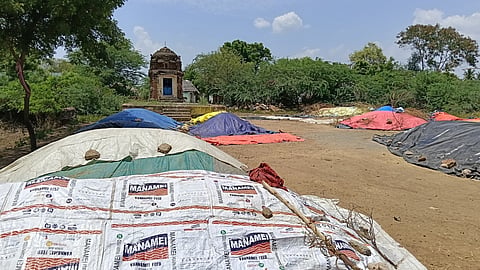 Procured paddy piled up at Nannilam in Tiruvarur