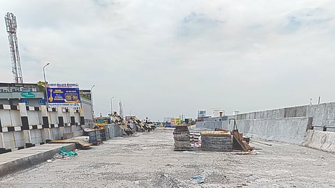 The incomplete second span of the Pattabiram railway overbridge, which was set to be completed in Oct 2025