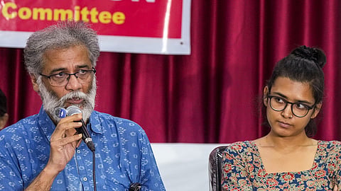 All India Students' Association (AISA) national president Neha Bora and CPI(ML) Liberation General Secretary Dipankar Bhattacharya during a press conference at the AIKS office, in Kolkata, West Bengal