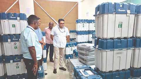 Officials at Dharapuram checking the arrangements ahead of polling for the bypoll scheduled on Tuesday