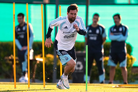 Argentina's Lionel Messi trains for his final game with the national team.