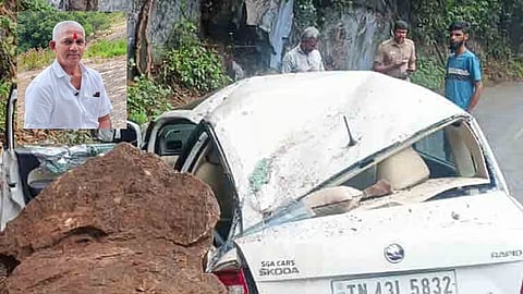 Boulder fell on the car on the Mettupalayam-Coonoor mountain road