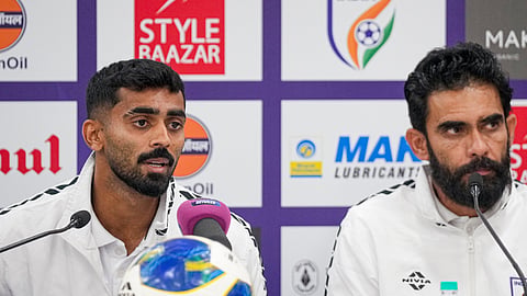 India's head coach Khalid Jamil, right, and Akash Mishra during a press conference
