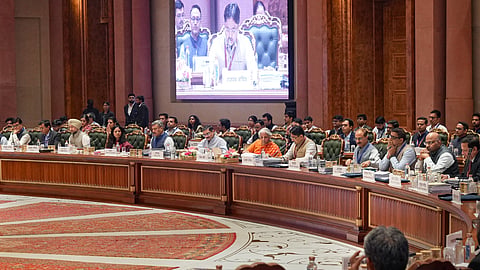 Union Minister for Finance and Corporate Affairs Nirmala Sitharaman during the 57th meeting of the Goods and Services Tax (GST) Council, in New Delhi, Thursday, Oct. 8, 2026. State finance ministers, union territory representatives, and senior finance officials are also seen