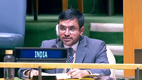 First Secretary at the Permanent Mission of India to the UN Raghoo Puri speaks during the United Nations General Assembly session.