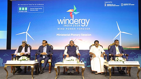 Union minister Pralhad Joshi and state minister R Nirmalkumar at the Windergy India 2026 event on October 8.