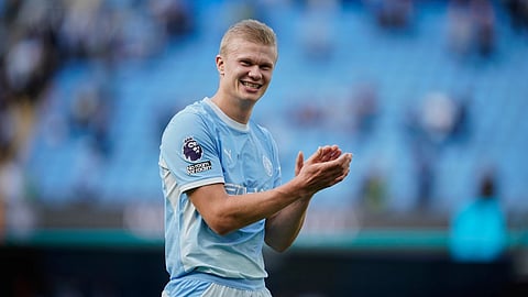 Manchester City's Erling Haaland walks off the pitch after the English Premier League soccer match between Manchester City and Sunderland in Manchester, England.