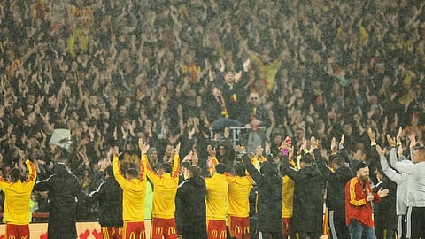 Lens players applaud to their fans after the French League One soccer match between Lens and Lyon, in Lens, France.