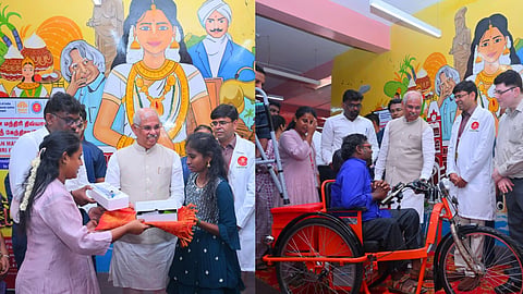 Governor RV Arlekar handing over subsidised devices to differently abled under the Pradhan Mantri Divyasha Kendra on the sidelines of the ESIC convocation in Chennai on Saturday