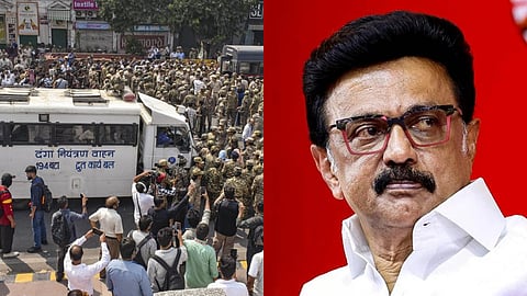 Protest against CEC in Delhi (L), MK Stalin (R)