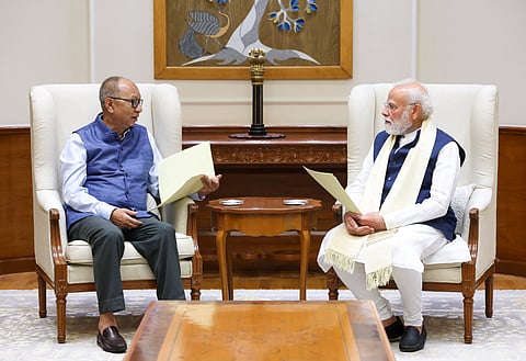 Prime Minister Narendra Modi during a meeting with Manipur Chief Minister Yumnam Khemchand Singh, in New Delhi.
