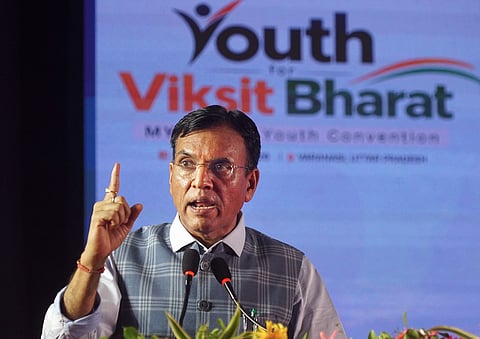 Union Minister Mansukh Mandaviya speaks during the My Bharat Youth convention programme, at Banaras Hindu University, in Varanasi, Saturday, Oct. 10, 2026