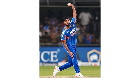 India's Arshdeep Singh bowls a delivery during the third T20I cricket match of a series between India and West Indies, in Indore, Madhya Pradesh, Sunday, Oct. 11, 2026
