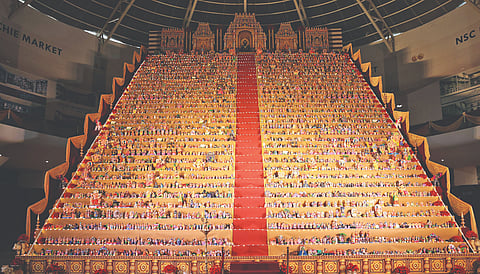 The 47.8-ft Golu with 4,500 dolls set up at SPR City in Perambur has been submitted for entry to the World Book of Records. The attempt was inspired by their 47-floor residential tower