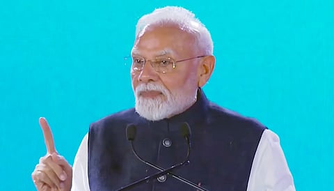 Prime Minister Narendra Modi addresses the Bloomberg New Economy Forum, in New Delhi