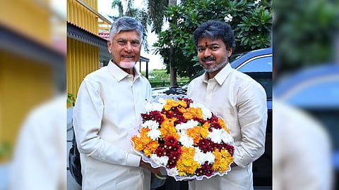 Tamil Nadu Chief Minister Joseph Vijay meets Andhra Pradesh Chief Minister N Chandrababu Naidu in Guntur district on October 13.