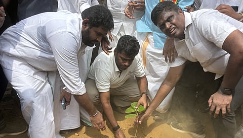 We the Leaders founder K Annamalai plants saplings in Mannargudi, Tiruvarur district, on Tuesday