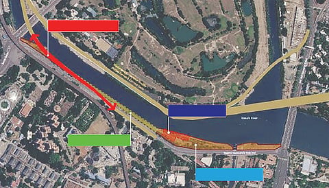 Red - Columns in the expressway reduces intervention space in the bund; Green - Narrow bund with steep slope has potential for riparian plantation; Dark Blue - Construction materials need to be moved for bund utilisation; Blue - Existing vegetation and bund width can be utilised as a community space