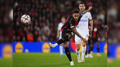 Bournemouth’s Marcus Tavernier shoots at goal during the Europa League opening phase soccer match between AFC Bournemouth and Sturm Graz in Bournemouth, England.