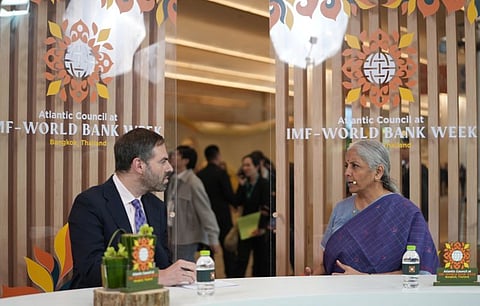 FM Nirmala Sitharaman interacts with Michael Kugelman at the IMF-World Bank meetings in Bangko