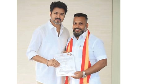 Now suspended TVK functionary N Boopalan with Chief Minister and TVK president C Joseph Vijay