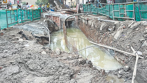 Drain works are still under way on several traffic-heavy stretches even as monsoon has set in