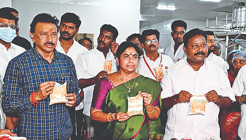 Minister C Vijayalakshmi launches full cream premium milk sachets at the Tiruchy Aavin unit on Thursday