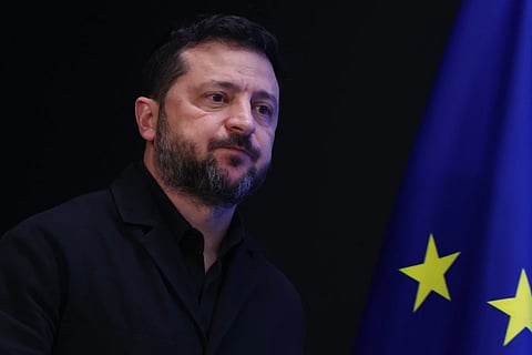Ukraine’s President Volodymyr Zelenskyy arrives for a media conference at the EU summit in Brussels