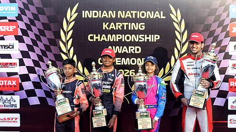(L-R) Ayansh Patil, Rivaan Dev Preetham, Arshi Gupta and Krish Gupta, winners of MECO FMSCI Indian National Karting Championship RMC India