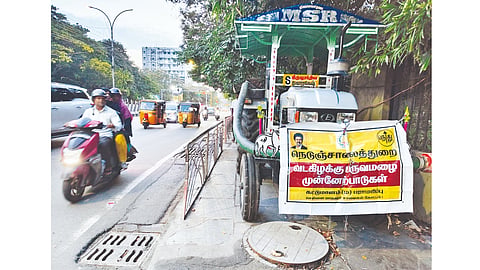 Tractor-mounted dewatering pumps pressed into action to tackle rain havoc at EVR Periyar Salai in Chennai on Sunday