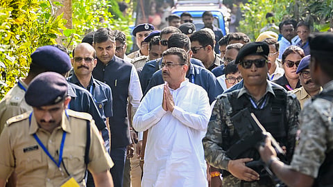 Suvendu Adhikari during a visit to the residence of a victim of the Durga Puja stampede in Kolkata