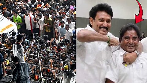 (L-R) Vijay in Karur DMK councillor Teeta Saravanan along with Anbil Mahesh