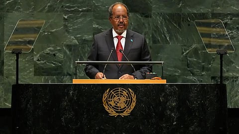 Somalias President Hassan Sheikh Mohamud speaks during the 1st session of the United Nations General Assembly at Onited Nations headquarters